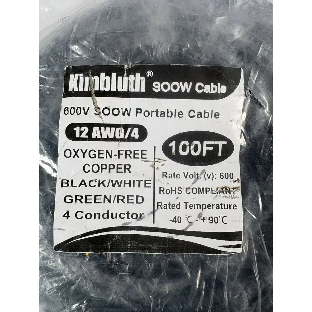 Kimbluth 12/4 SOOW Cable 100FT 12 AWG 4 Conductor Copper 600V Portable Power